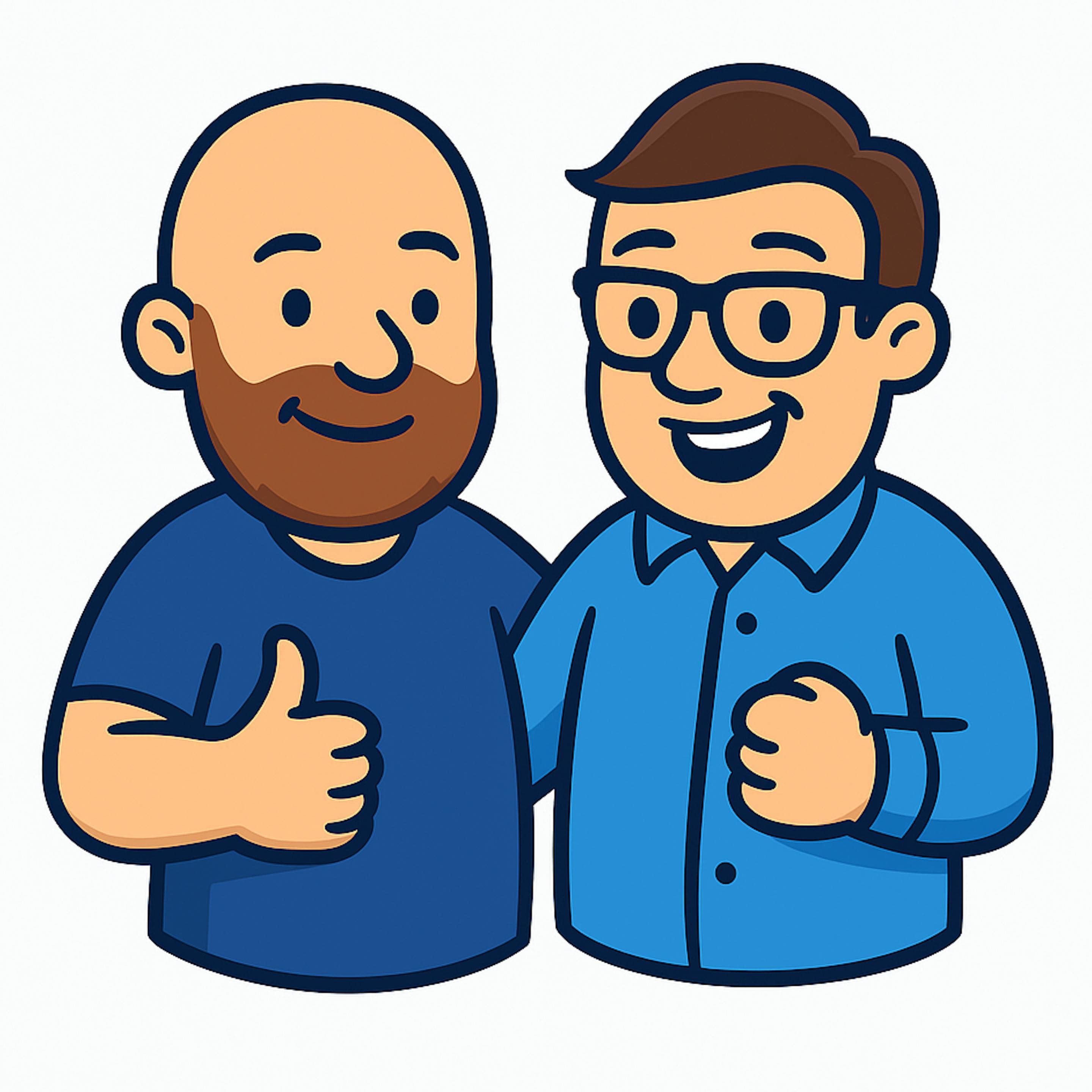 Two cartoon men standing side by side; one is bald with a beard giving a thumbs up, the other has glasses and dark hair with a clenched fist. Both are smiling.