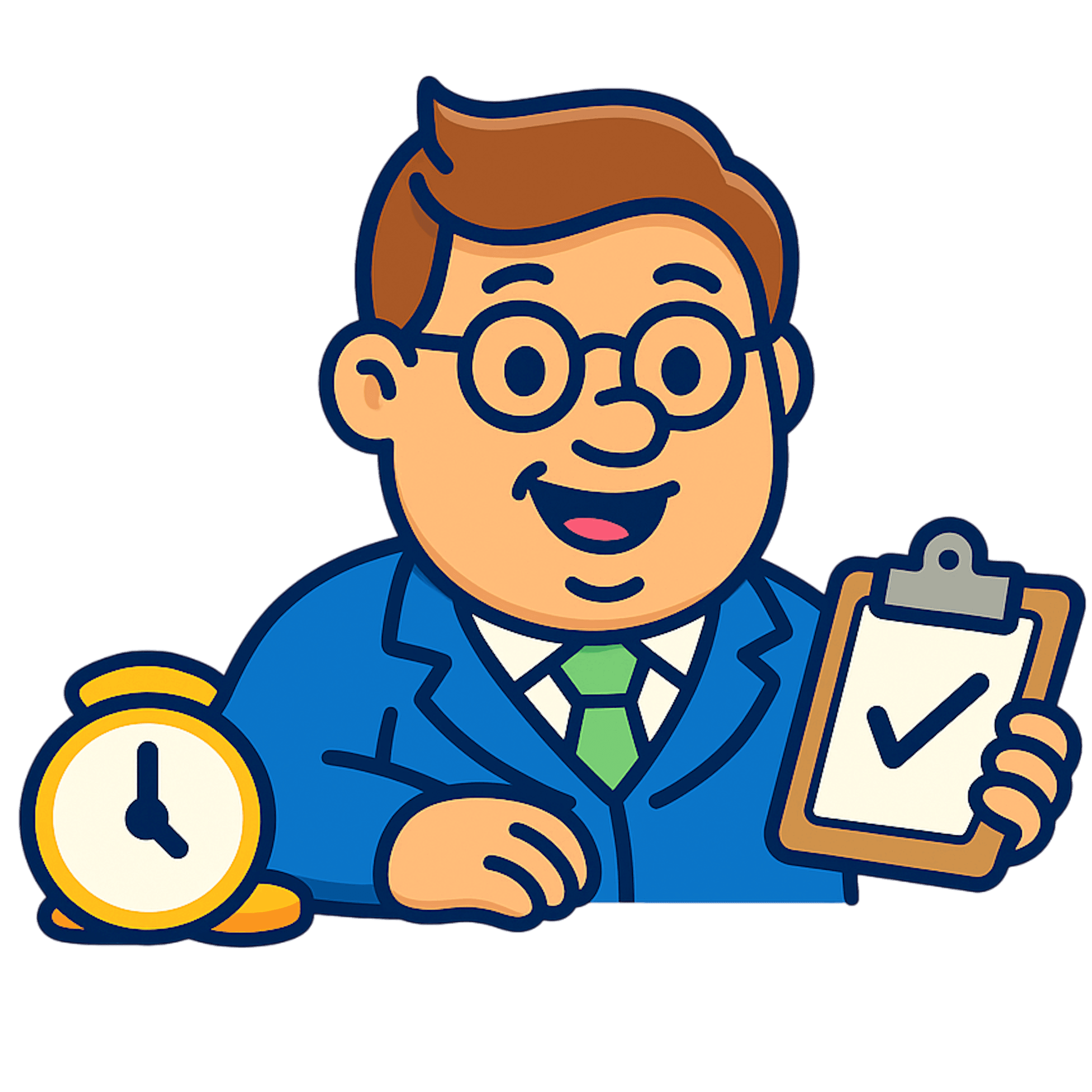 Man in a blue suit with glasses holding a clipboard with a checkmark next to a yellow clock showing 3 o'clock.
