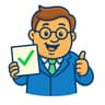 Man with glasses in a blue suit holding a paper with a green checkmark and giving a thumbs-up.