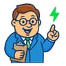 Smiling man in a blue suit with glasses holds a clipboard in one hand and points upward with the other, next to a green lightning bolt icon.