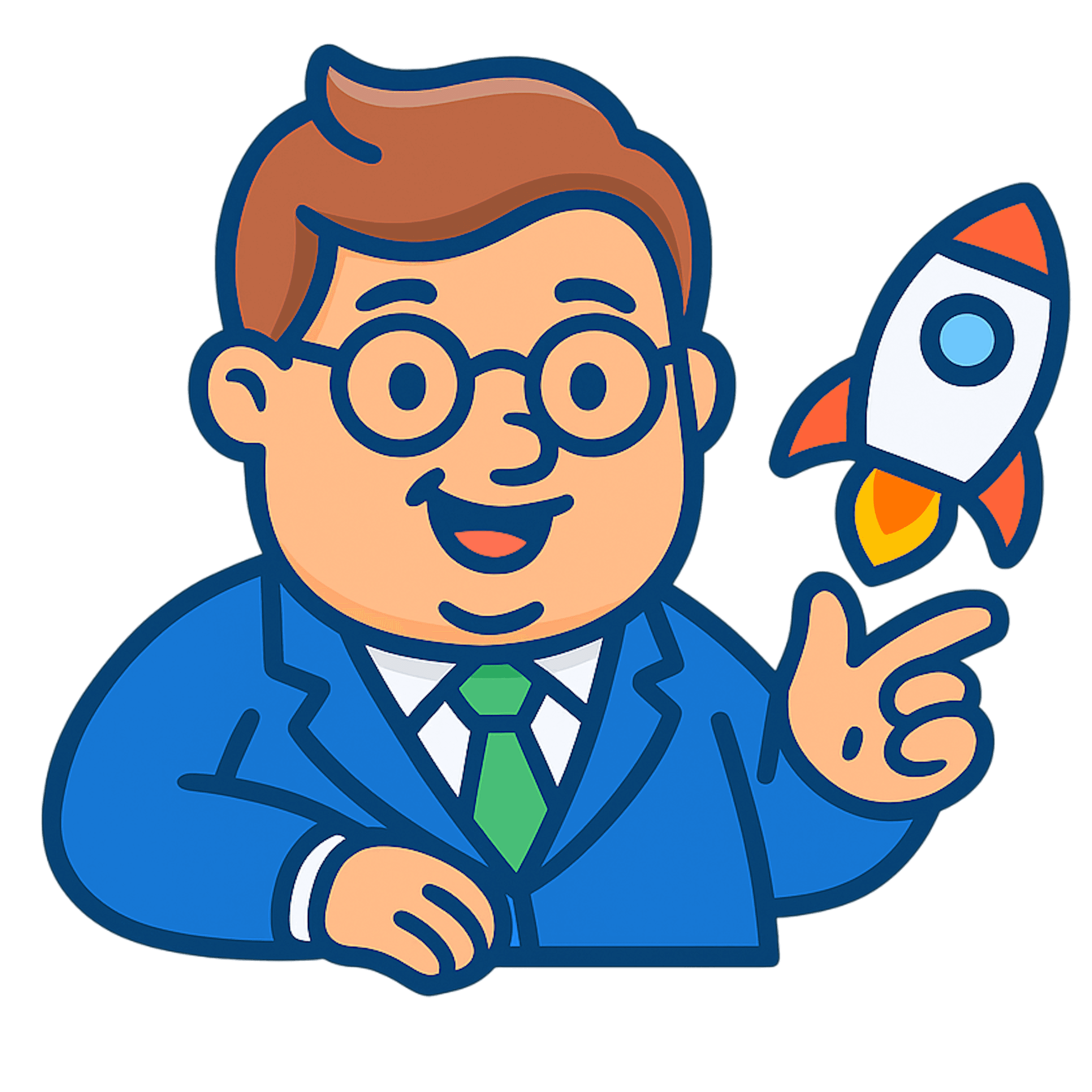 Man wearing glasses and a suit with a green tie, smiling and pointing at a small rocket ship launching upward.