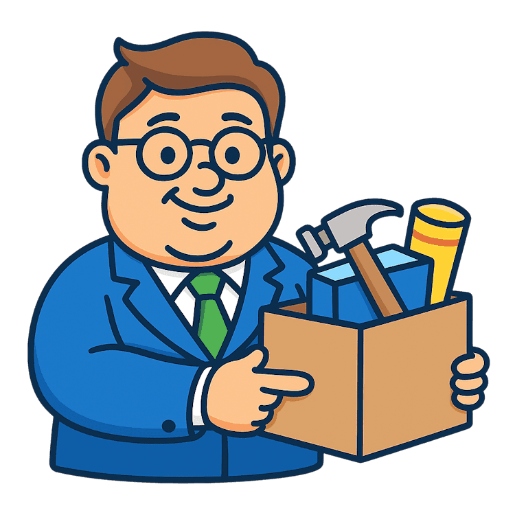 Man in suit and glasses holding and pointing at a box containing a hammer, a rolled blueprint, and a rectangular object.