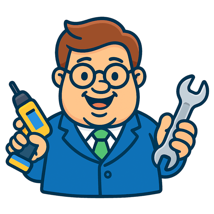 Smiling man with glasses wearing a blue suit and green tie, holding a yellow and blue electric drill in one hand and a silver wrench in the other.