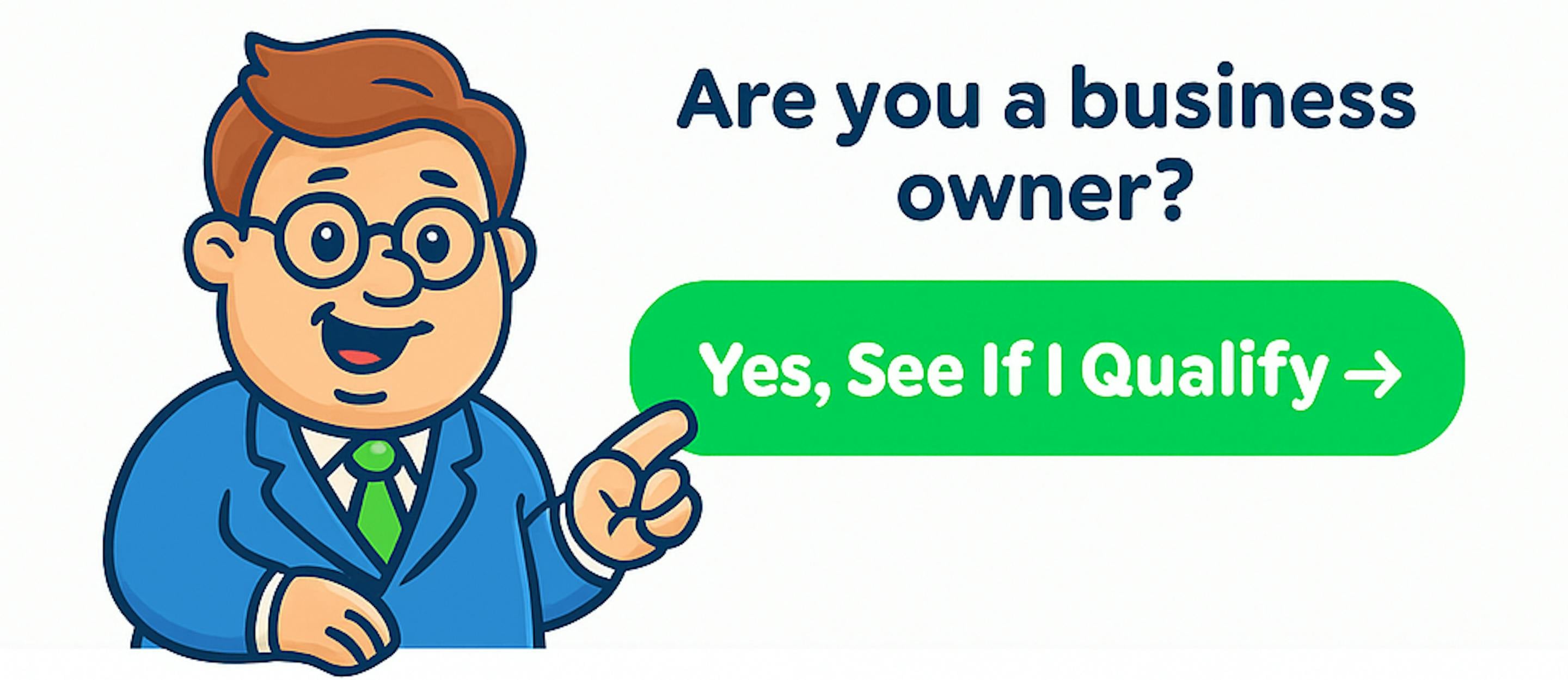Cartoon character with glasses and suit labeled Funding Fred, offering quick business funding with no hard credit checks, pre-approval, fast decisions, and instant money transfer.