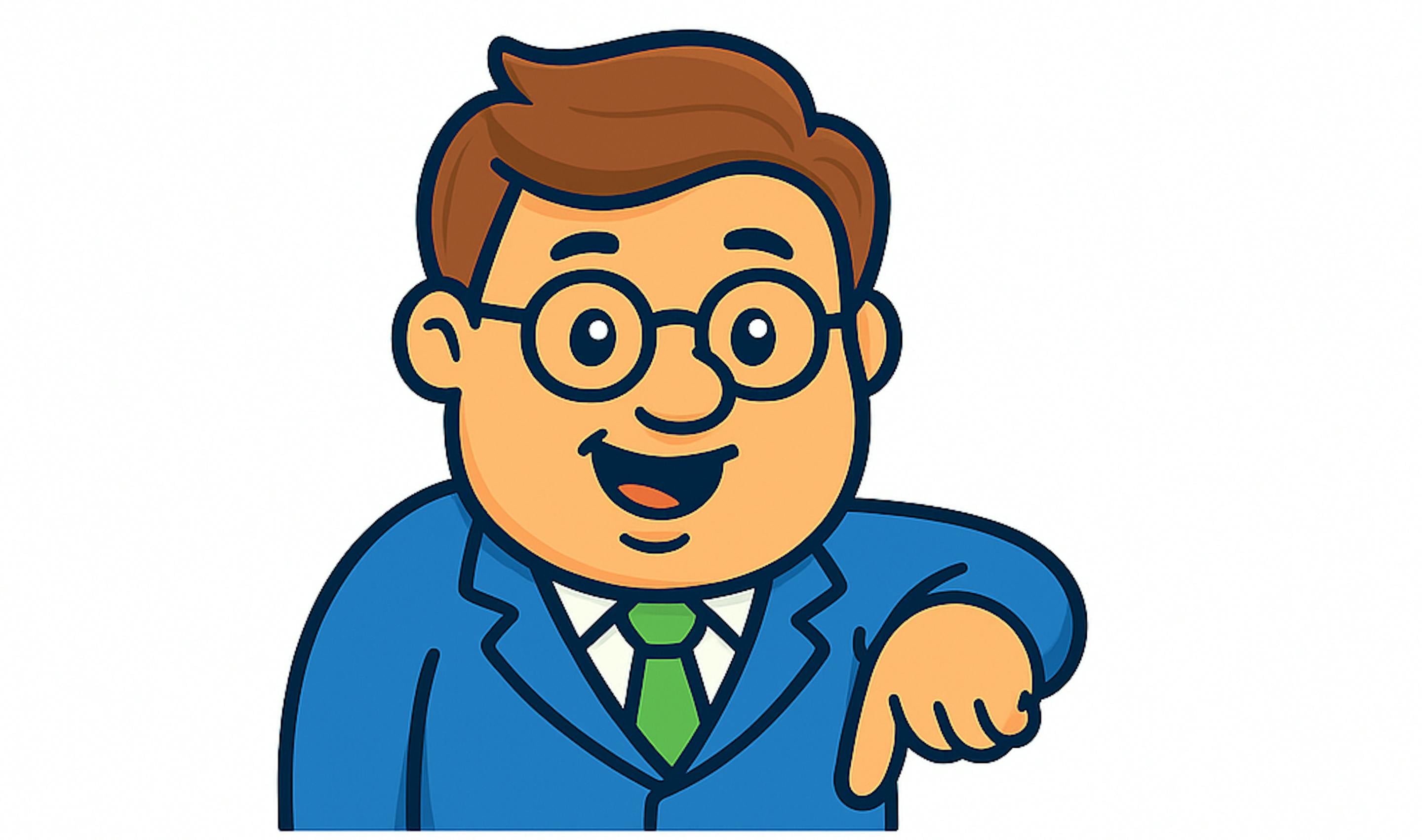 Cartoon man in a blue suit and green tie, smiling and pointing downward above text reading "Here's what other businesses say after working with me."