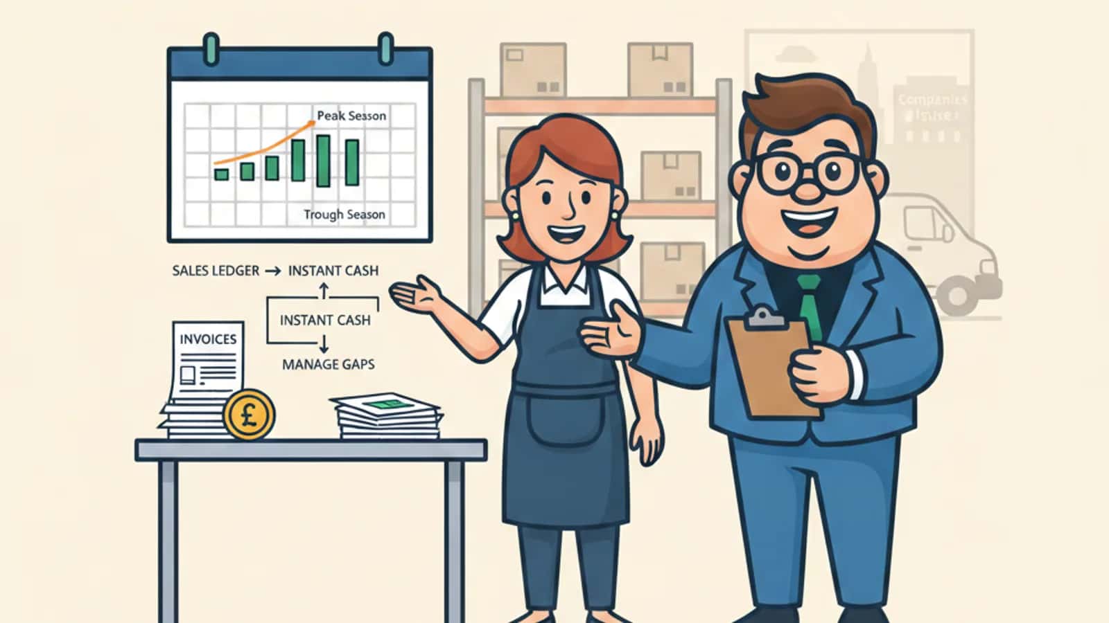 Fred explaining Invoice Financing for Seasonal UK Businesses Help Manage Cash Flow Peaks and Troughs to a UK business owner