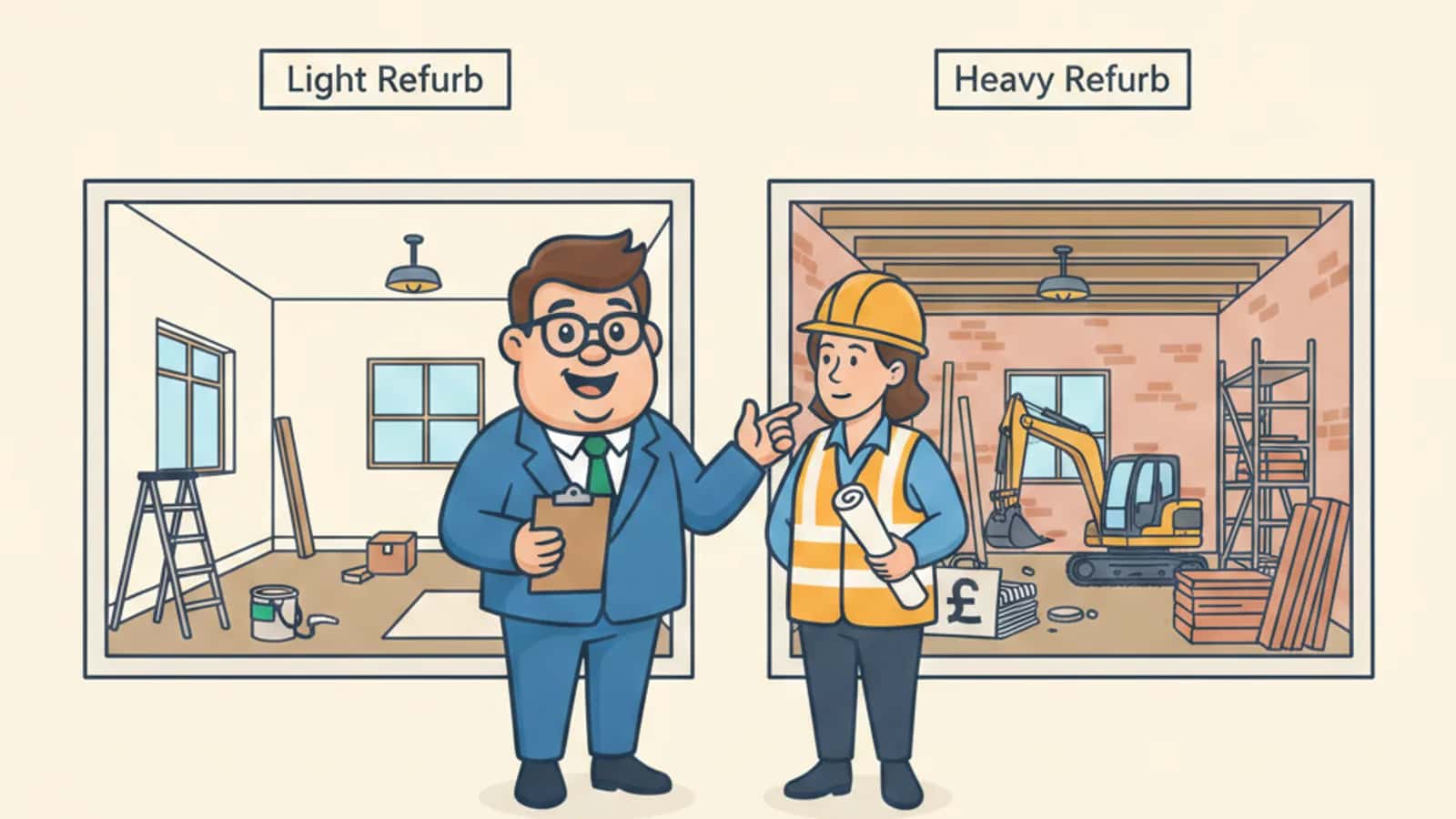 Fred helping a UK business owner compare Light Refurbishment vs Heavy Refurbishment Bridging Finance: Complete UK Guide 2026