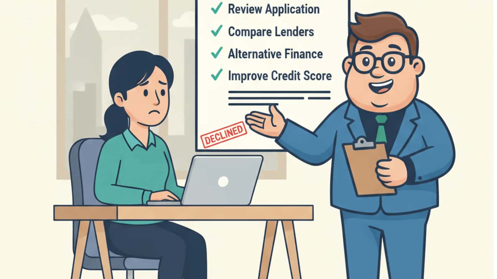 Fred helping a UK business owner compare Business Loan Declined: What to Do Next