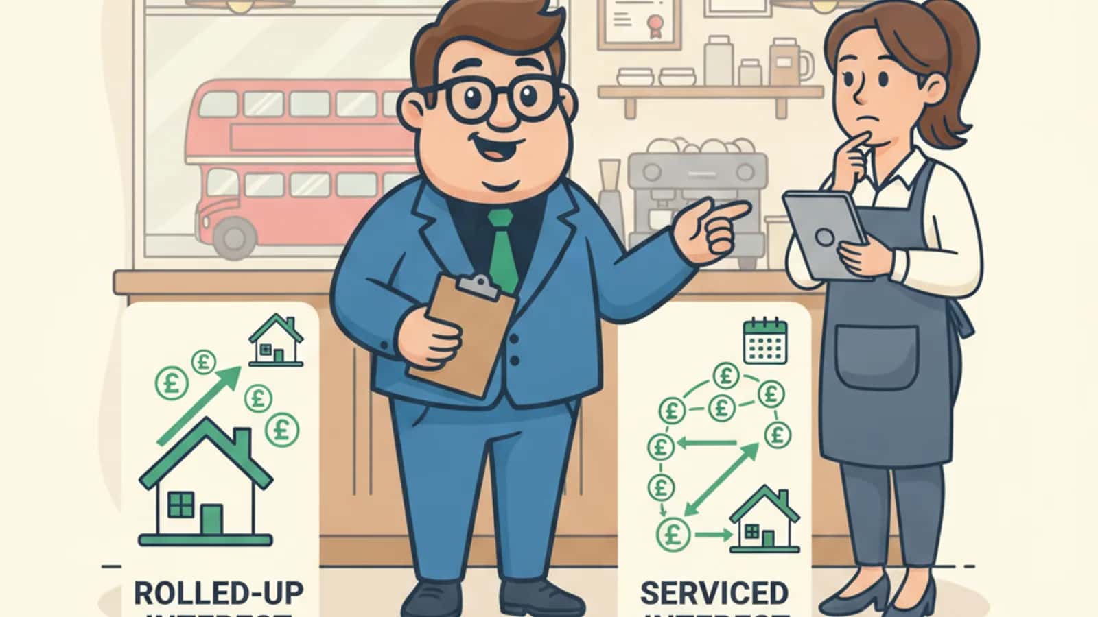 Fred helping a UK business owner compare Rolled-Up vs Serviced Interest on Bridging Loans: Which Is Better