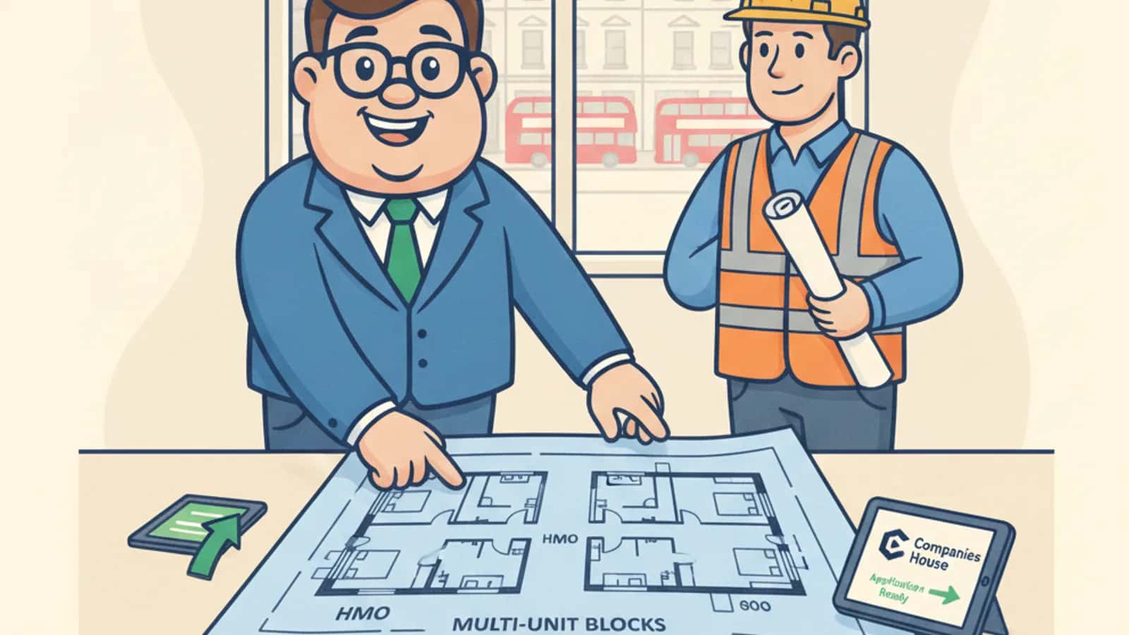 Fred helping a UK business owner compare Bridging Loans for HMOs and Multi-Unit Freehold Blocks: Complete UK Guide 2026