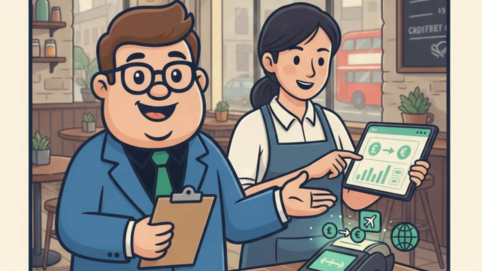 Fred helping a UK business owner compare Business Credit Cards for Overseas Spending: FX Fees, Rates and Travel Costs