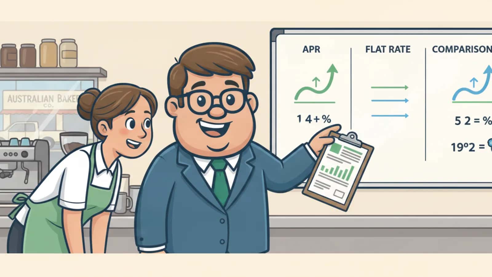 Fred helping a Australian business owner compare Business Loan Terms Explained: APR vs Flat Rate vs Comparison Rate for...