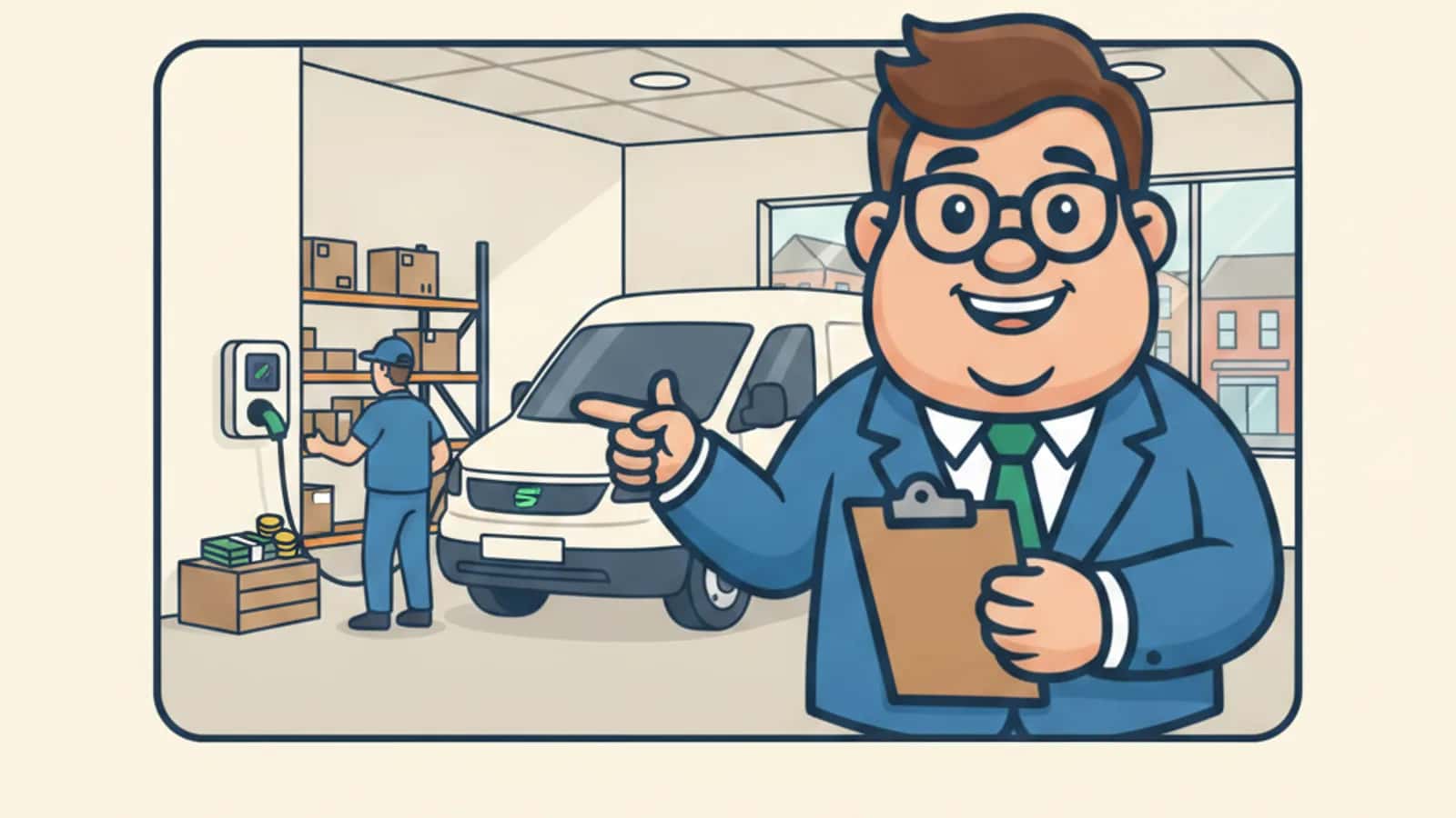 Fred helping a UK business owner compare Electric Vehicle Fleet Finance UK: Funding Vans, Chargers and Transition Costs