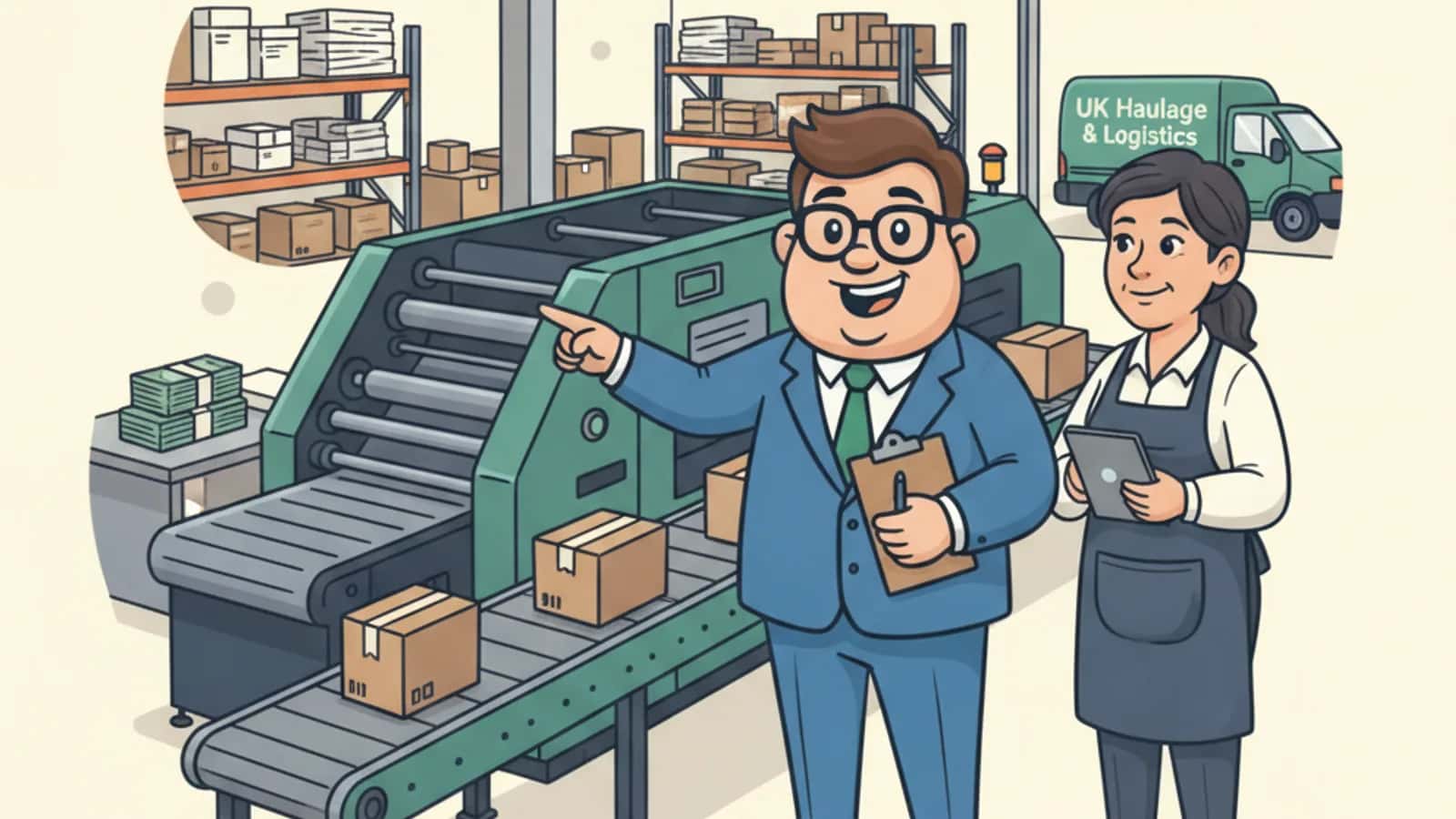 Fred helping a UK business owner compare Printing and Packaging Equipment Finance UK: Funding Presses and Production Lines