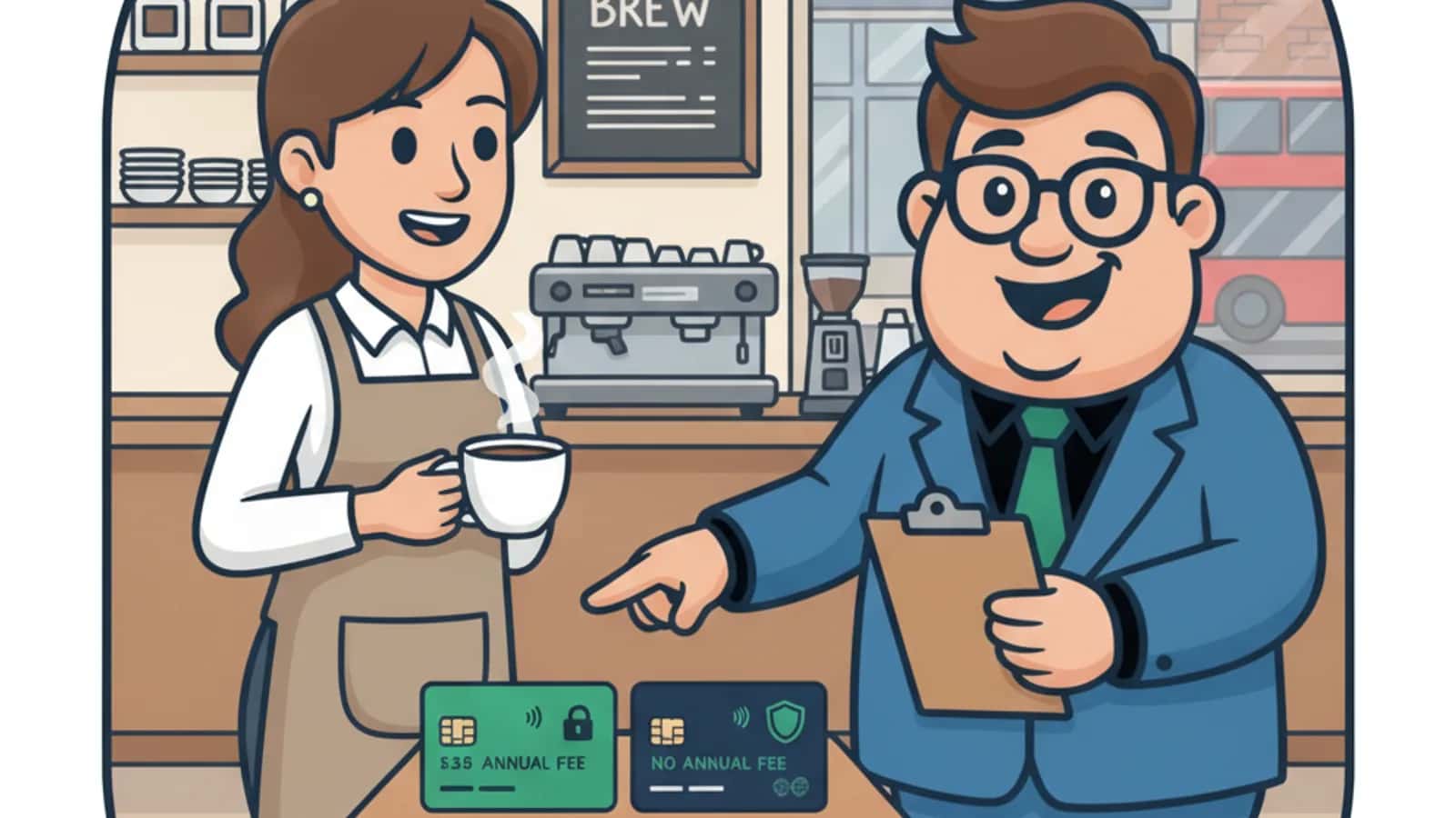 Fred explaining What's the Difference Between Annual Fee and No-Annual-Fee Business Credit Cards to a UK business owner