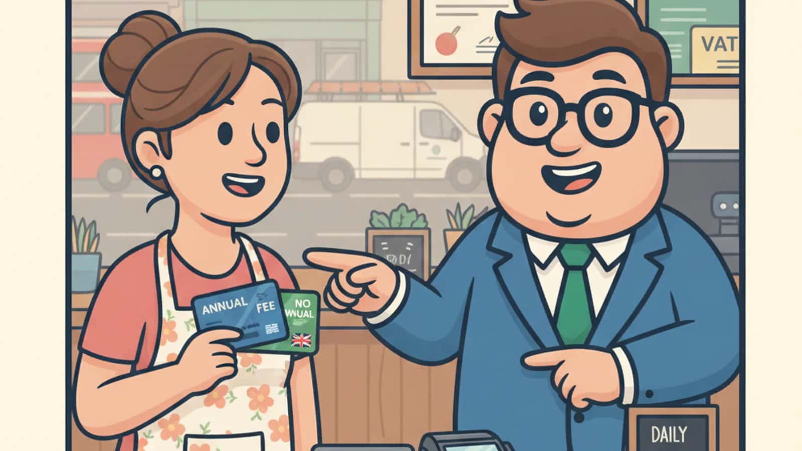 Fred helping a UK business owner compare Annual Fee vs No-Annual-Fee Business Credit Cards: Which Costs Less