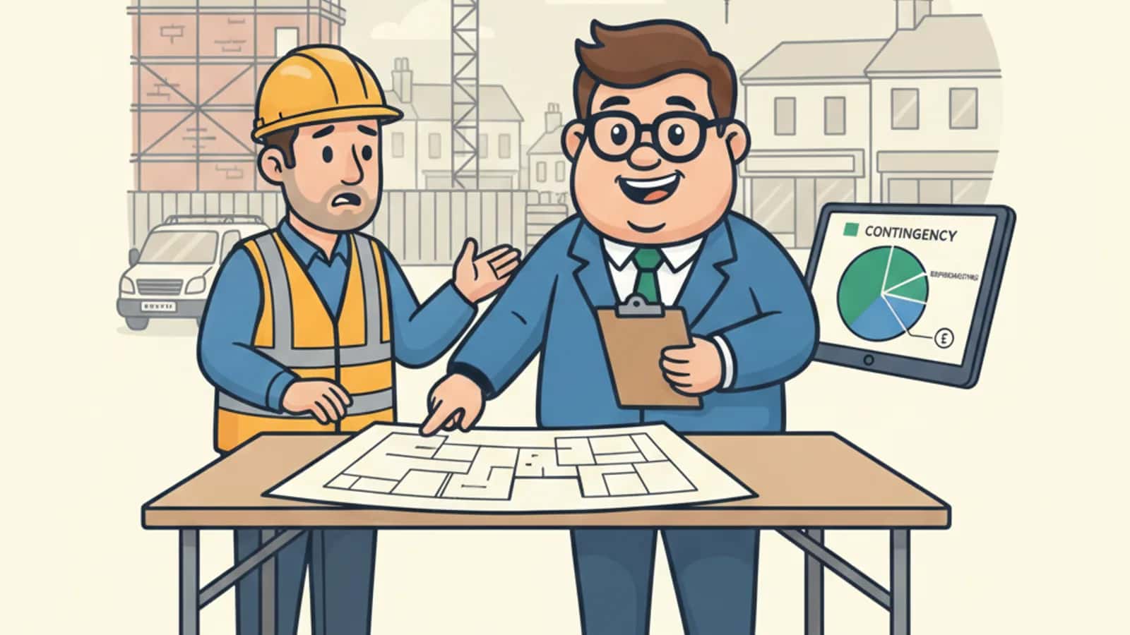 Fred helping a UK business owner compare Cost Overruns in Development Finance: How Contingency and Reforecasting Work