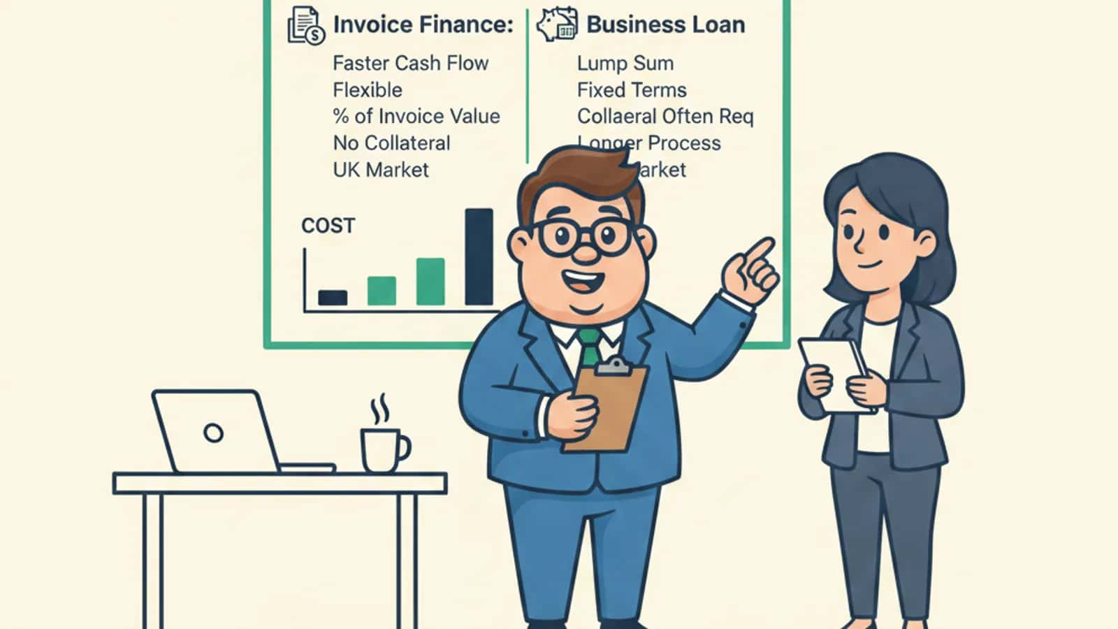 Fred explaining Option Is Cheaper: Invoice Finance vs Traditional Business Loans to a UK business owner