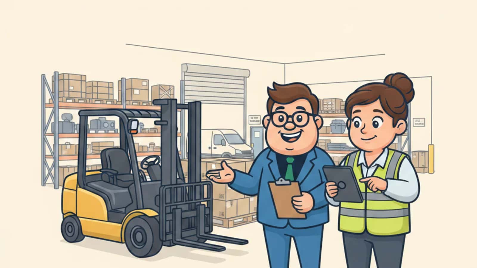 Fred helping a UK business owner compare Forklift and Warehouse Equipment Finance UK: Funding Logistics Growth