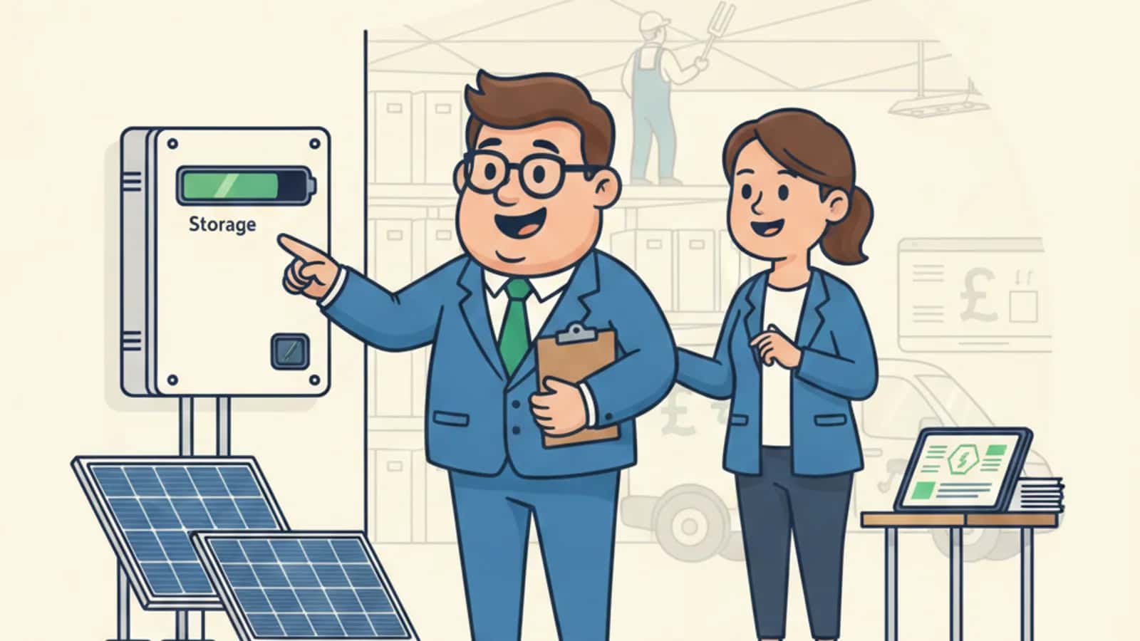 Fred helping a UK business owner compare Renewable Energy Asset Finance UK: Solar, Batteries and Energy-Efficient Equipment