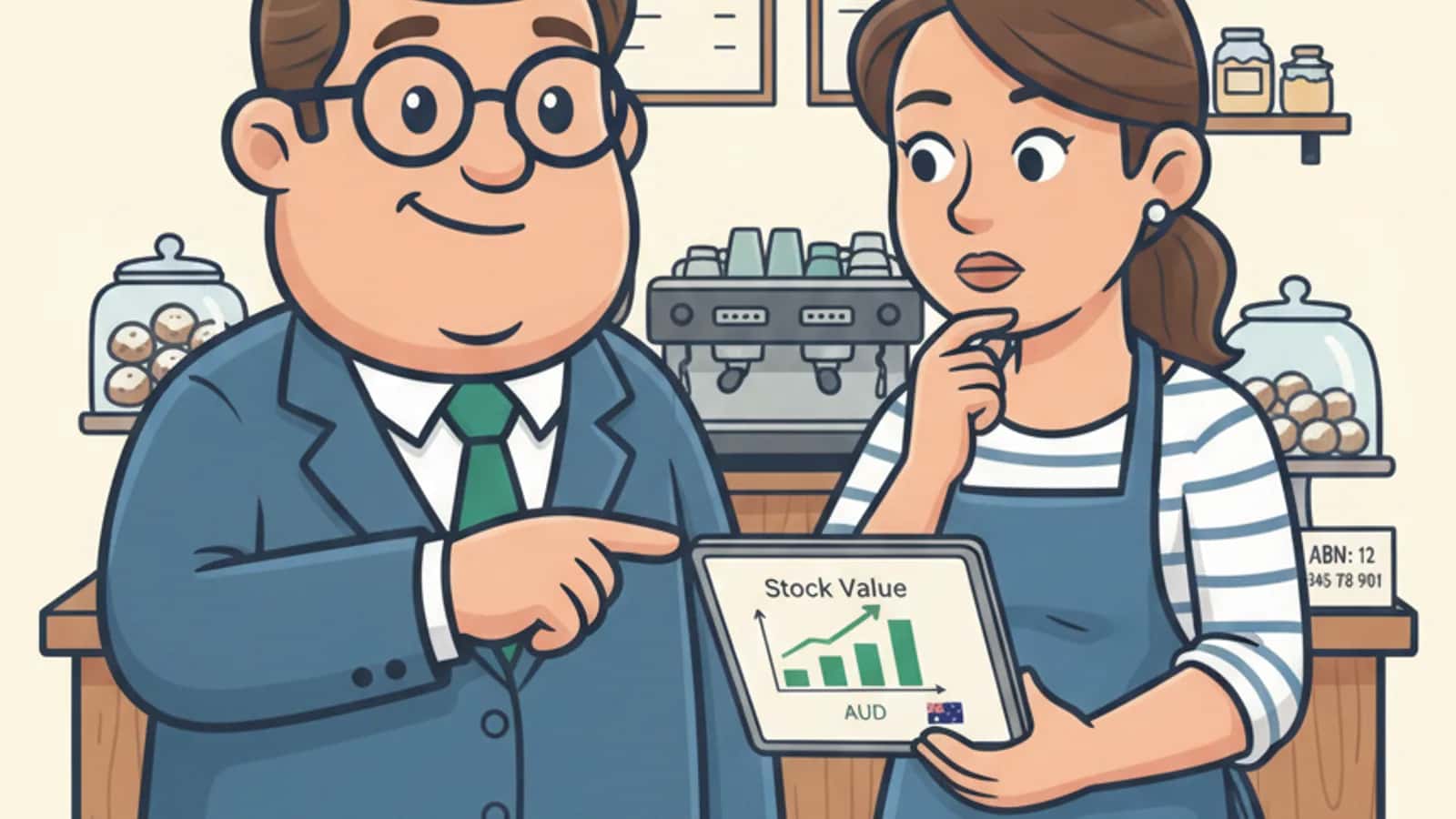 Fred explaining How Stocks Affect Company Cash Flow to a Australian business owner