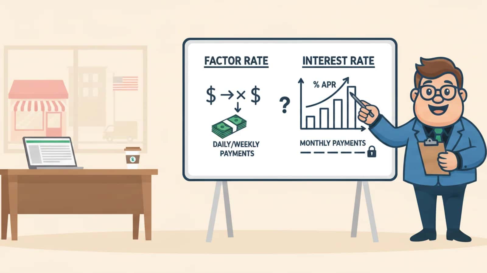 Fred explaining Factor Rate vs Interest Rate: Understanding MCA Pricing to a US business owner