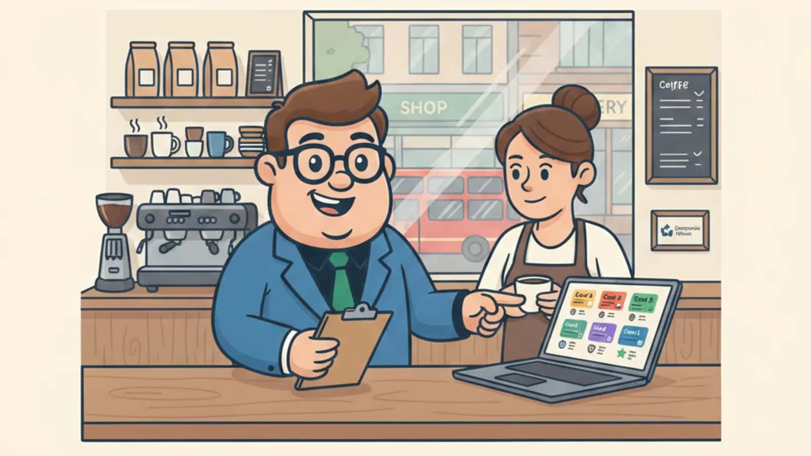 Fred helping a UK business owner compare How to Compare Business Credit Cards: APR, Fees, Limits and Rewards