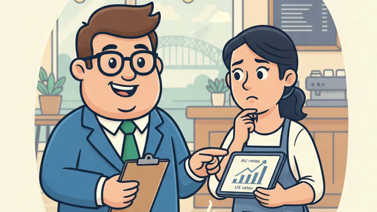 Fred explaining What Percentage Do Wall Street Interest Shifts Typically Add to Aussie Business Loan Rates to a Australian...