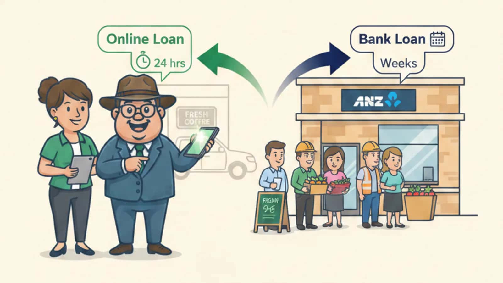 Fred explaining How Much Faster Can You Get Approved for an Online Loan Compared to a Bank to a Australian business owner