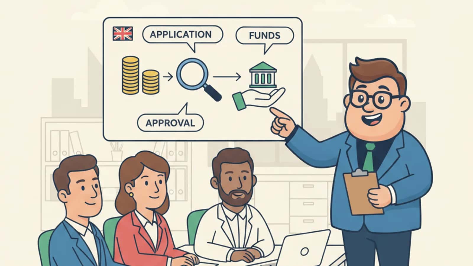 Fred helping a UK business owner compare Business Loans Work: A Complete Guide for UK Business Owners