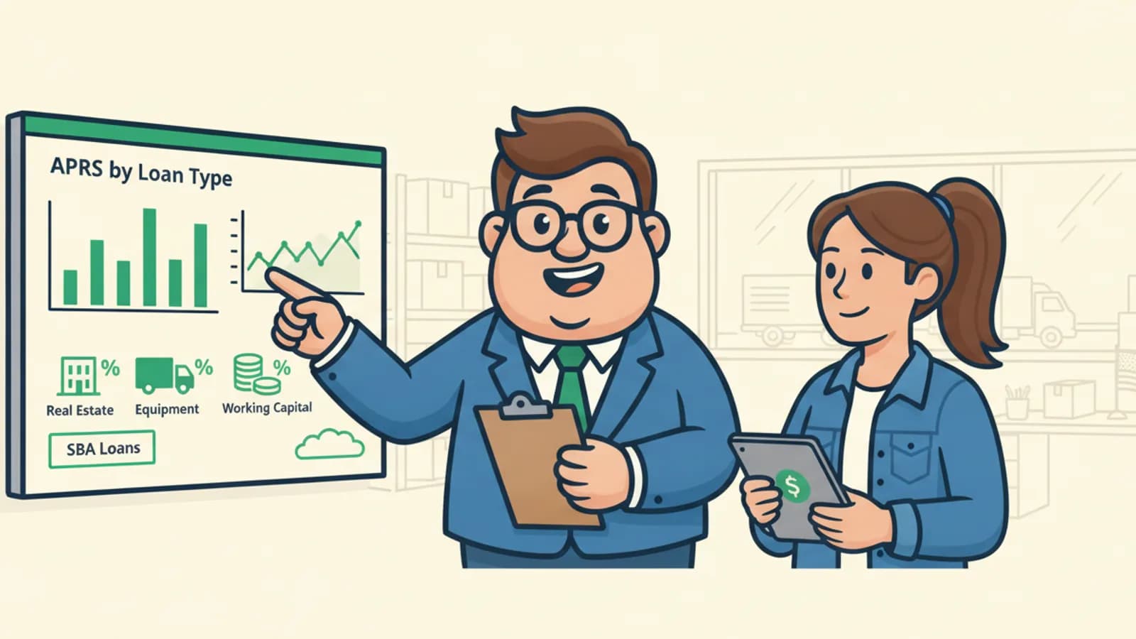 Fred helping a US business owner compare Business Loan Interest Rates: Typical APRs by Loan Type