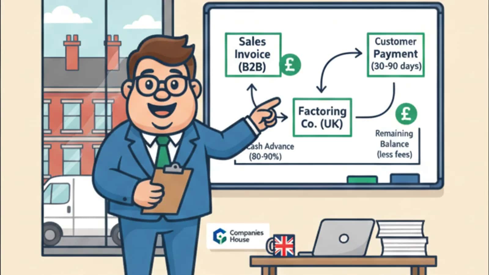 Fred helping a UK business owner compare Debt Factoring UK: How Invoice Factoring Works and What It Costs