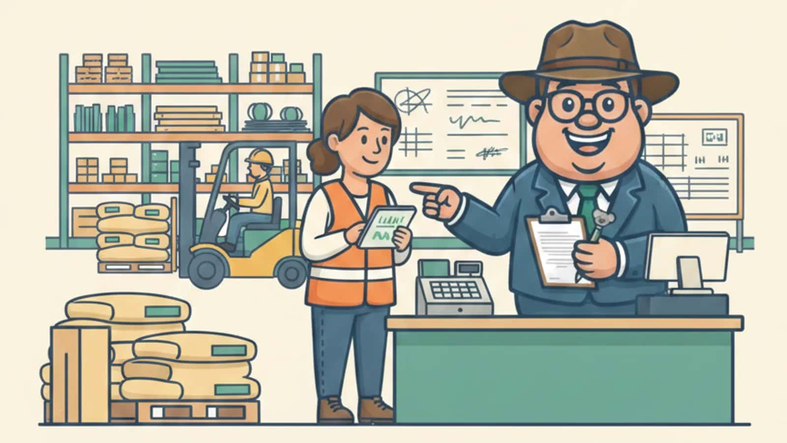 Fred explaining Payroll and Materials Management to a Australian business owner